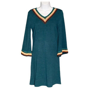 OB2-12 Sweater Dress Sz Medium Colorful Bohemian Yardie Crochet Trim Knee Length